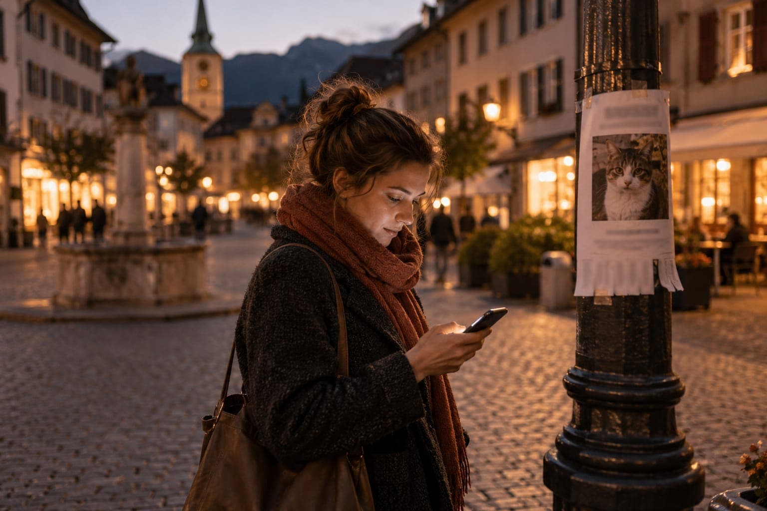 Eine Frau schaut in der Abenddämmerung auf einem Altstadtplatz auf ihr Handy, neben ihr ein Vermisst-Plakat einer Katze an einer Laterne