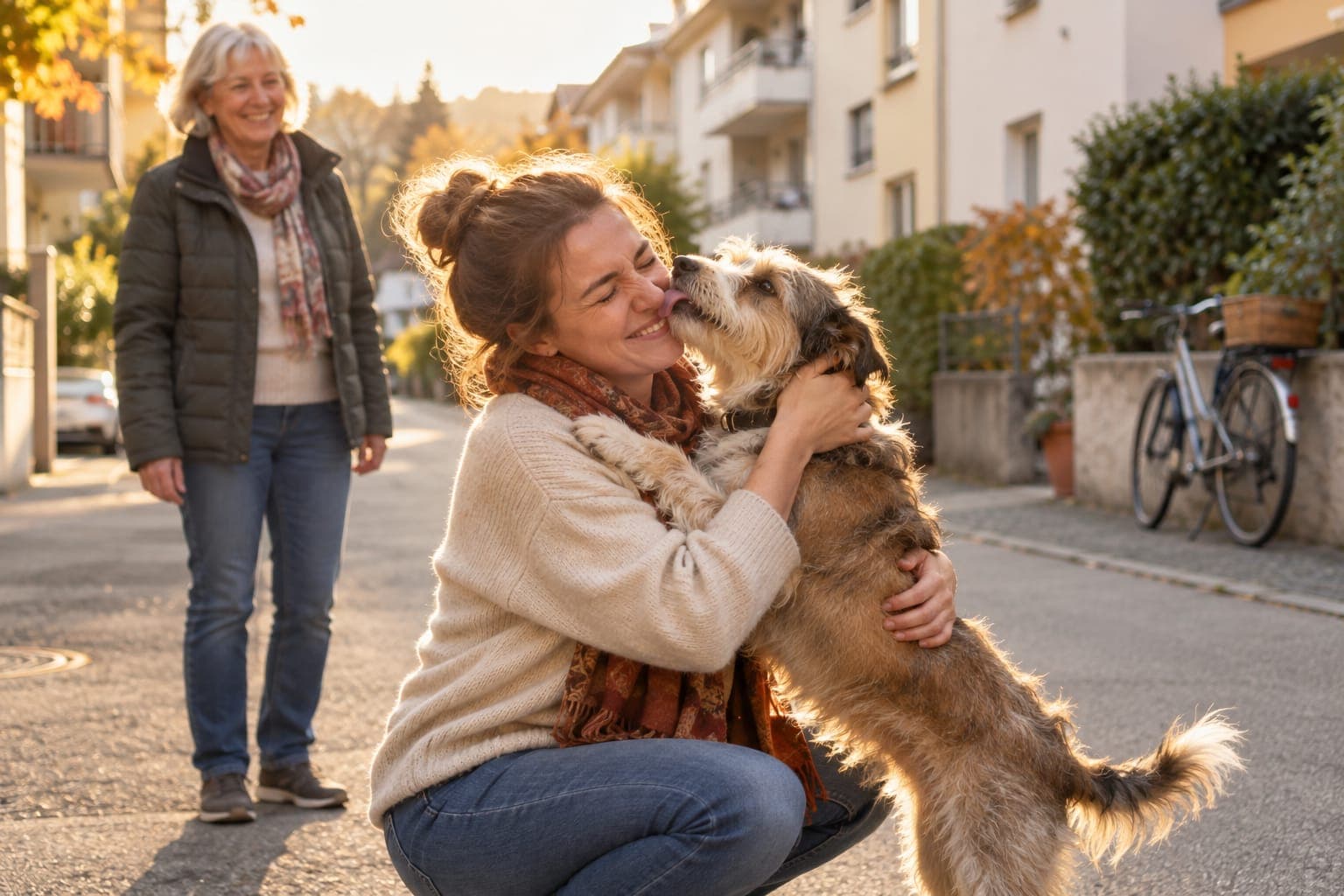 Eine Frau umarmt auf einer Wohnstraße ihren wiedergefundenen Hund, hinter ihr lächelt eine Nachbarin