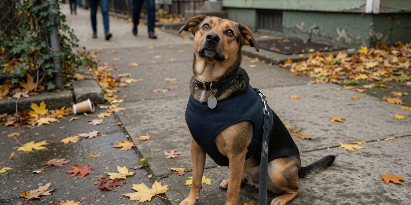 A nervous rescue dog in a harness and leash sitting on a sidewalk, looking up uncertainly