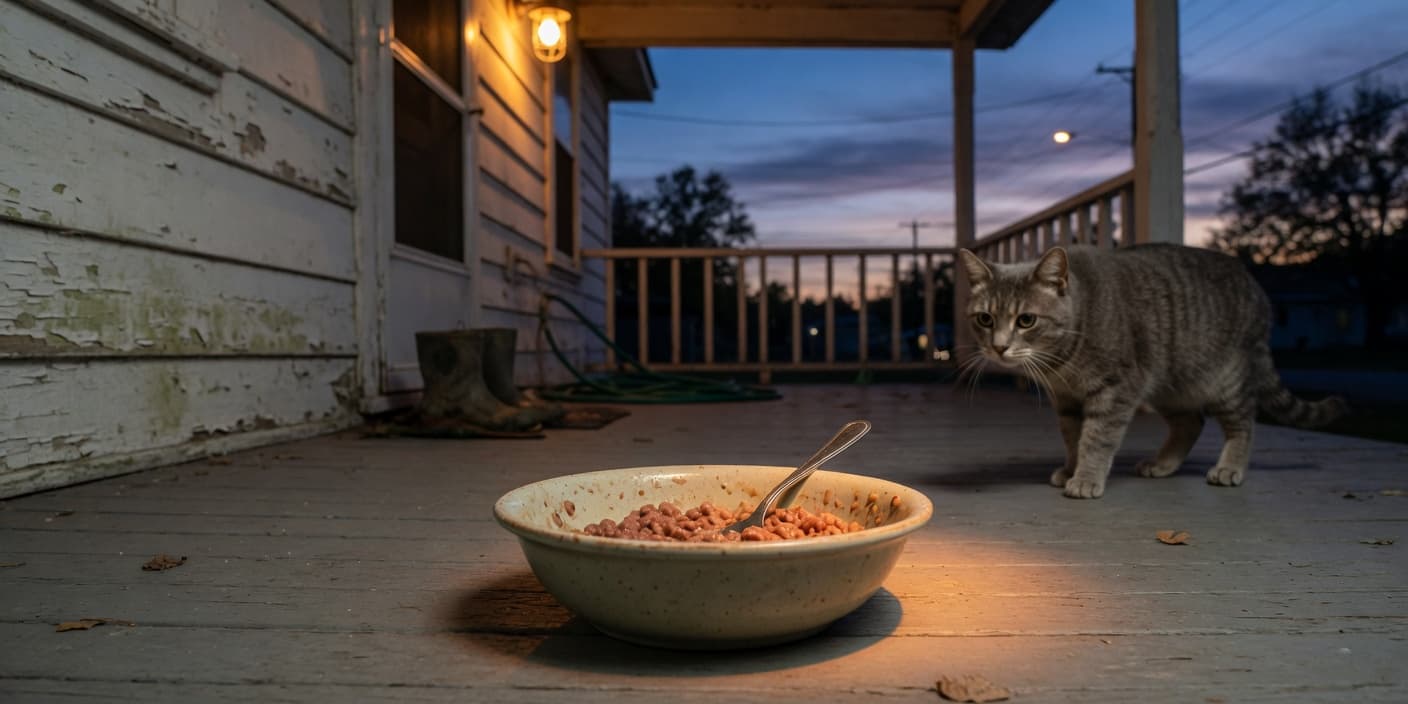 Une gamelle sur une terrasse au crépuscule, un chat s'approche prudemment en arrière-plan
