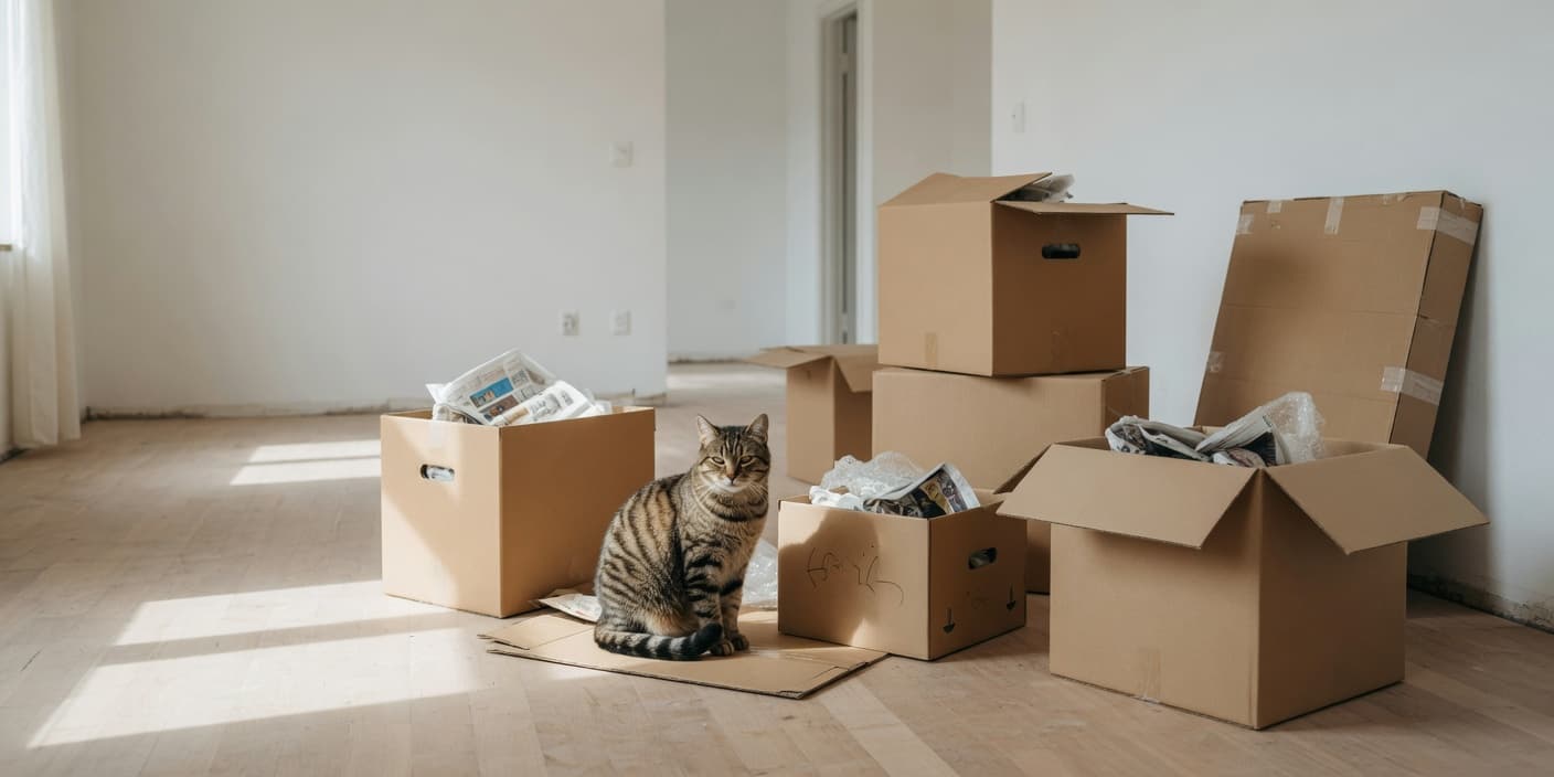 Un chat parmi des cartons de déménagement dans un nouveau logement – le risque de fugue est maximal après un déménagement