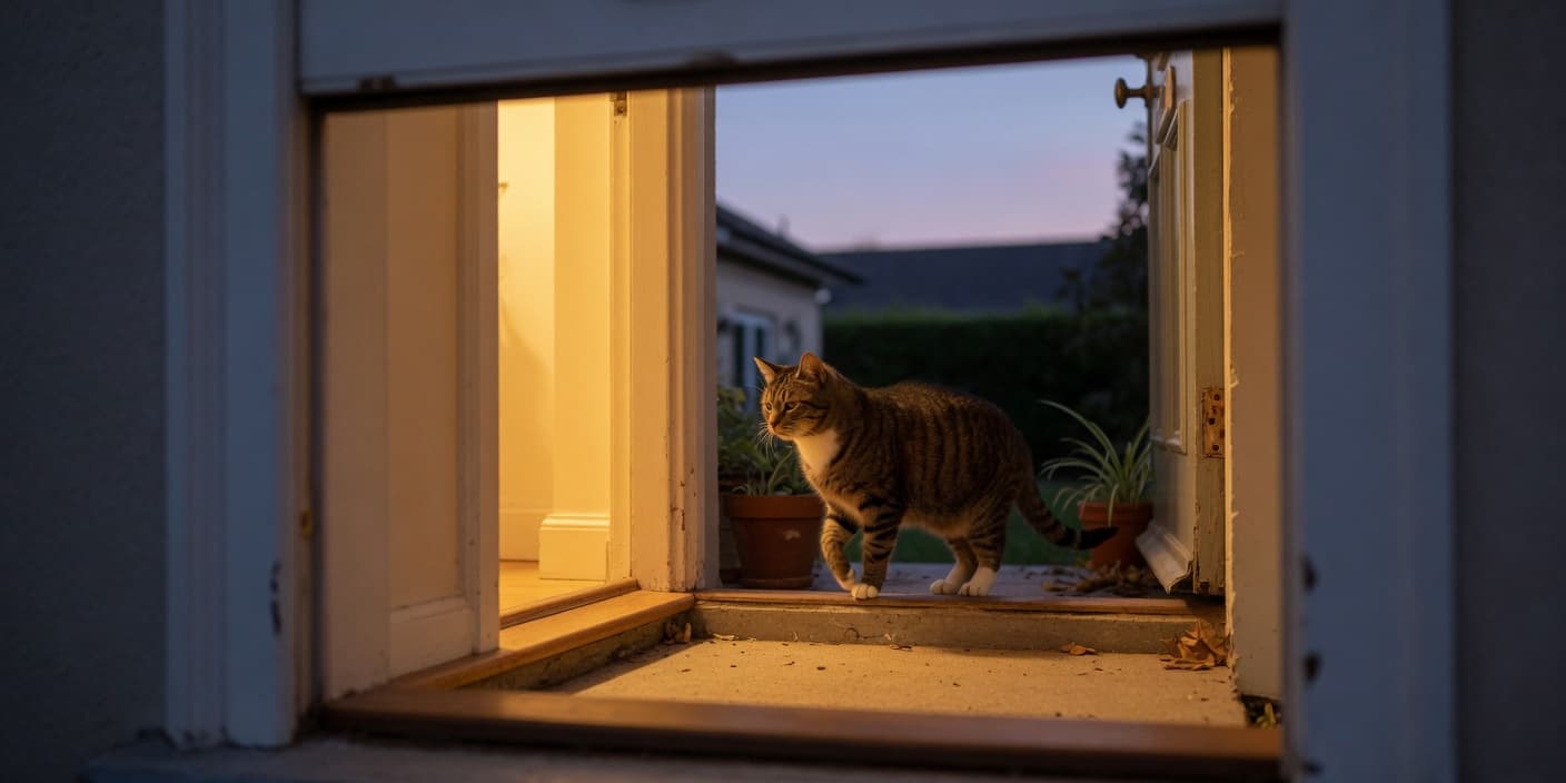 A cat approaching the open front door at dusk — many missing cats come back on their own