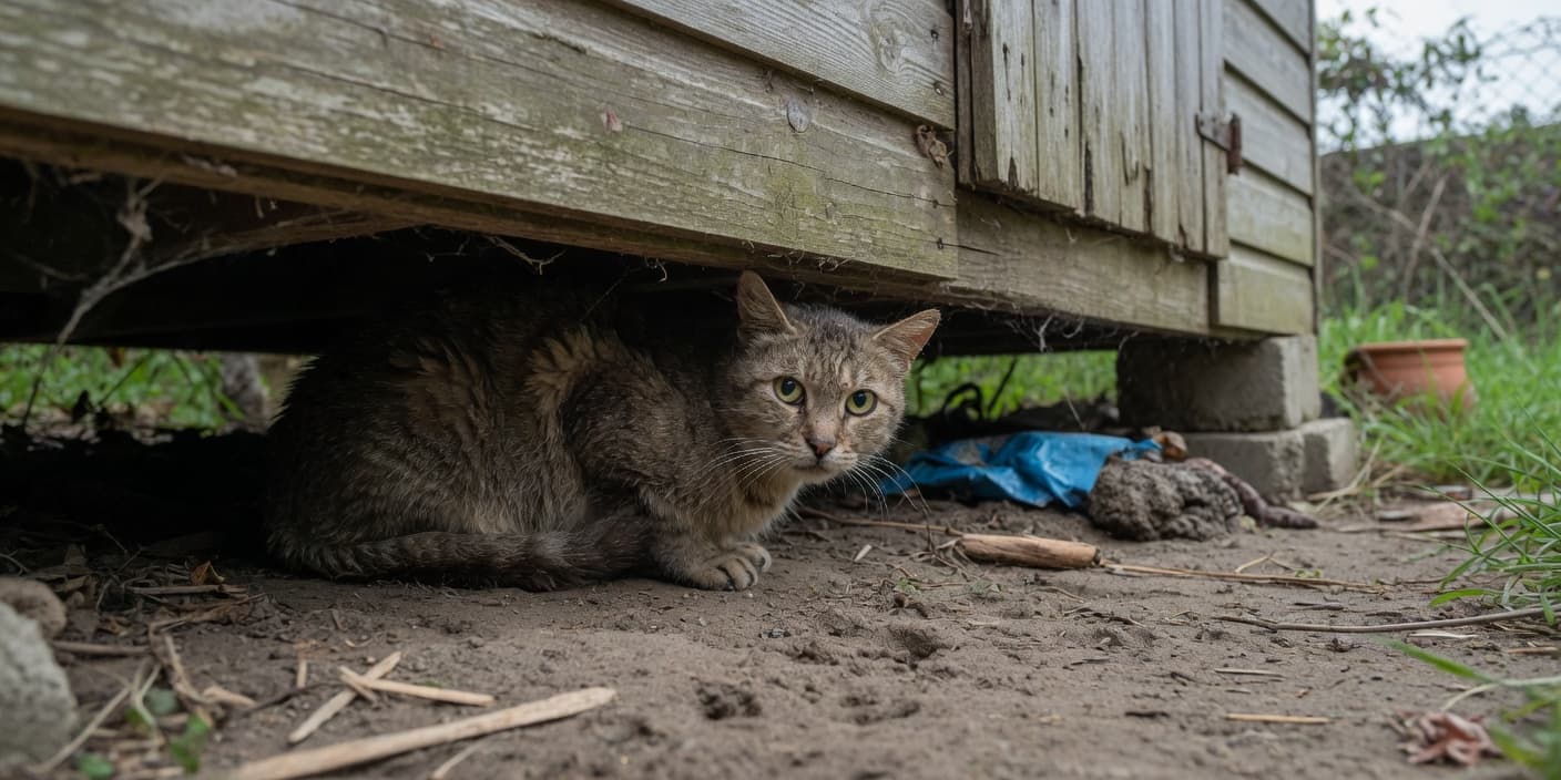 Un chat au poil terne s'abrite sous un abri de jardin – les chats perdus survivent souvent longtemps