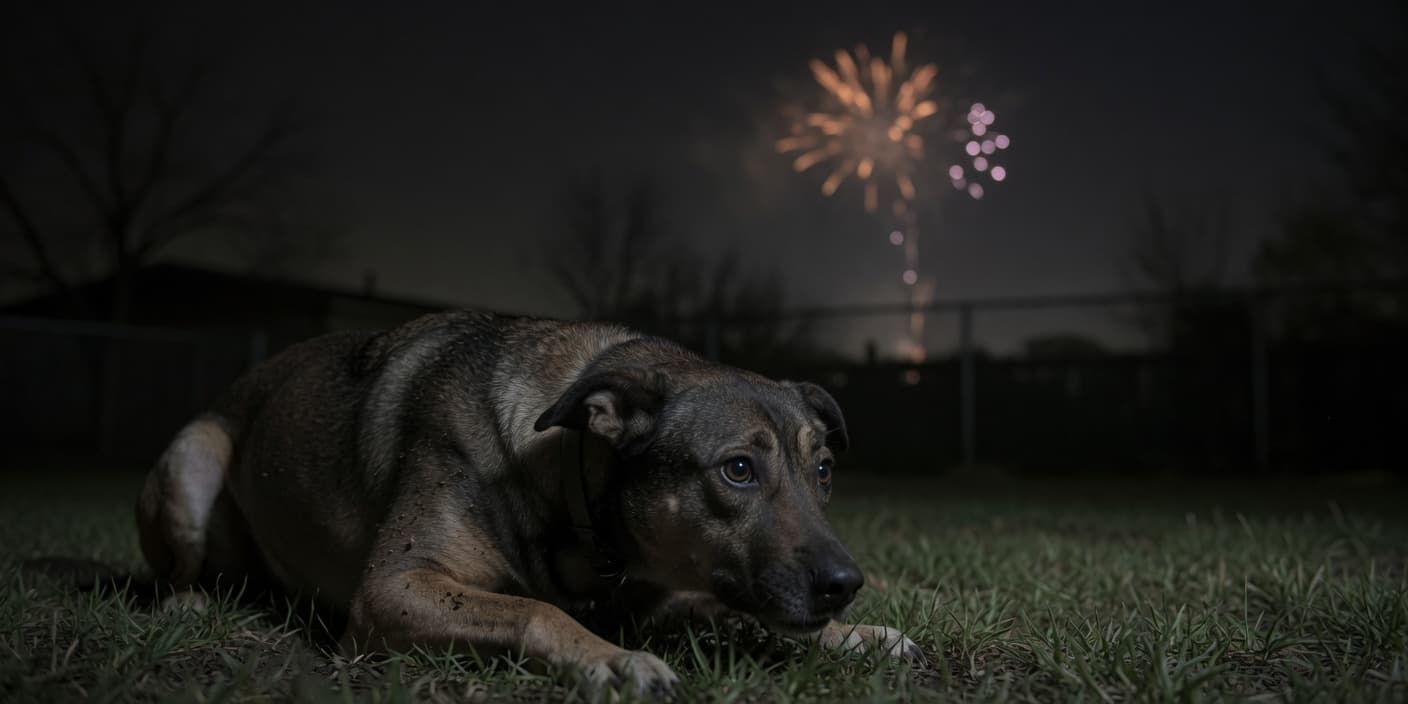 An anxious dog at night with fireworks glowing in the sky — the most common reason dogs bolt