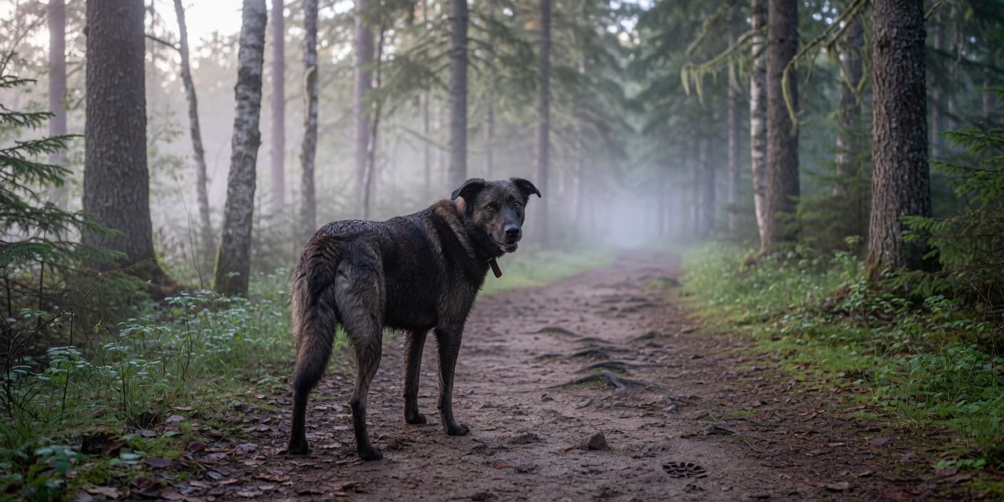 A dog alone on a forest trail looking back — dogs lost while hiking often stay near the paths