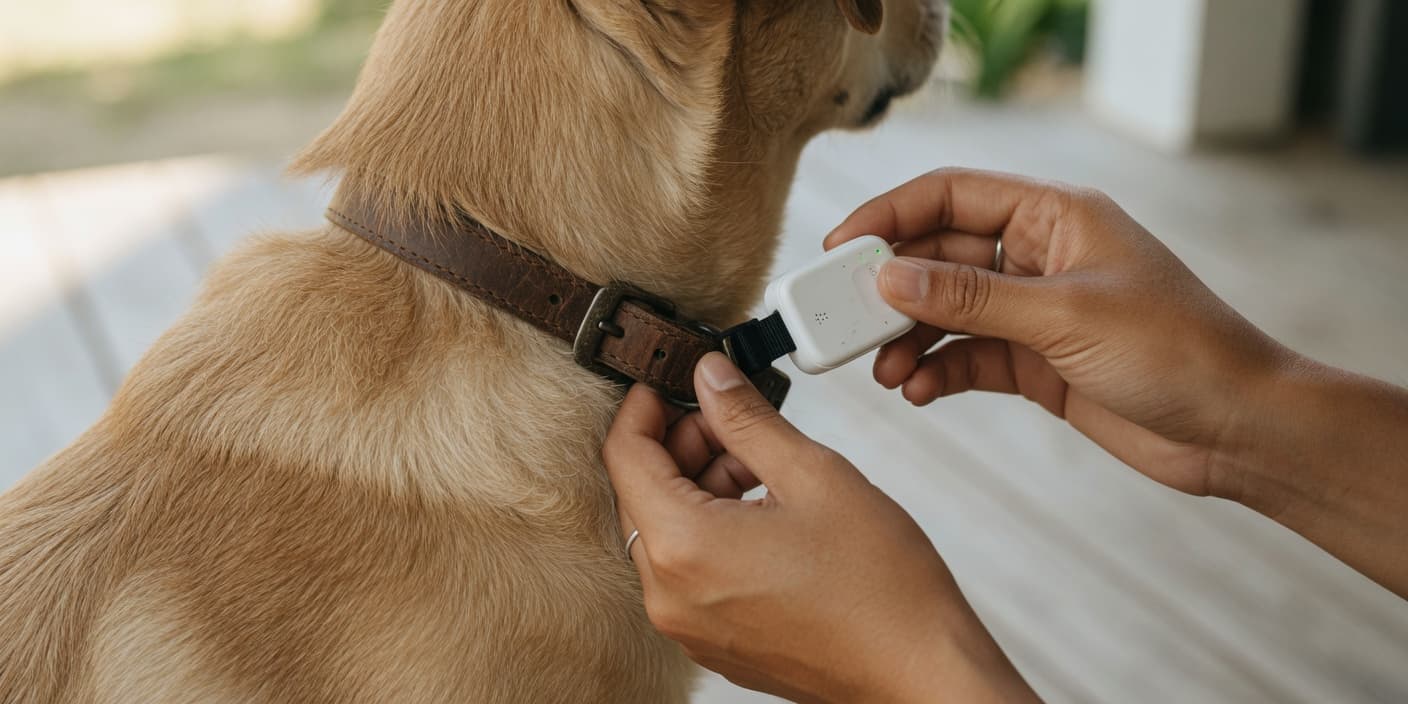 Close-up of hands attaching a small GPS tracker to a dog's collar
