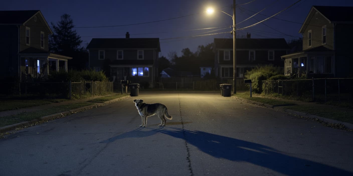Un chien dans une rue résidentielle déserte la nuit, sous un lampadaire