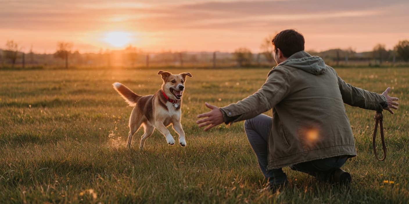 Un chien traverse un champ en courant vers son maître à la tombée du jour – les retrouvailles