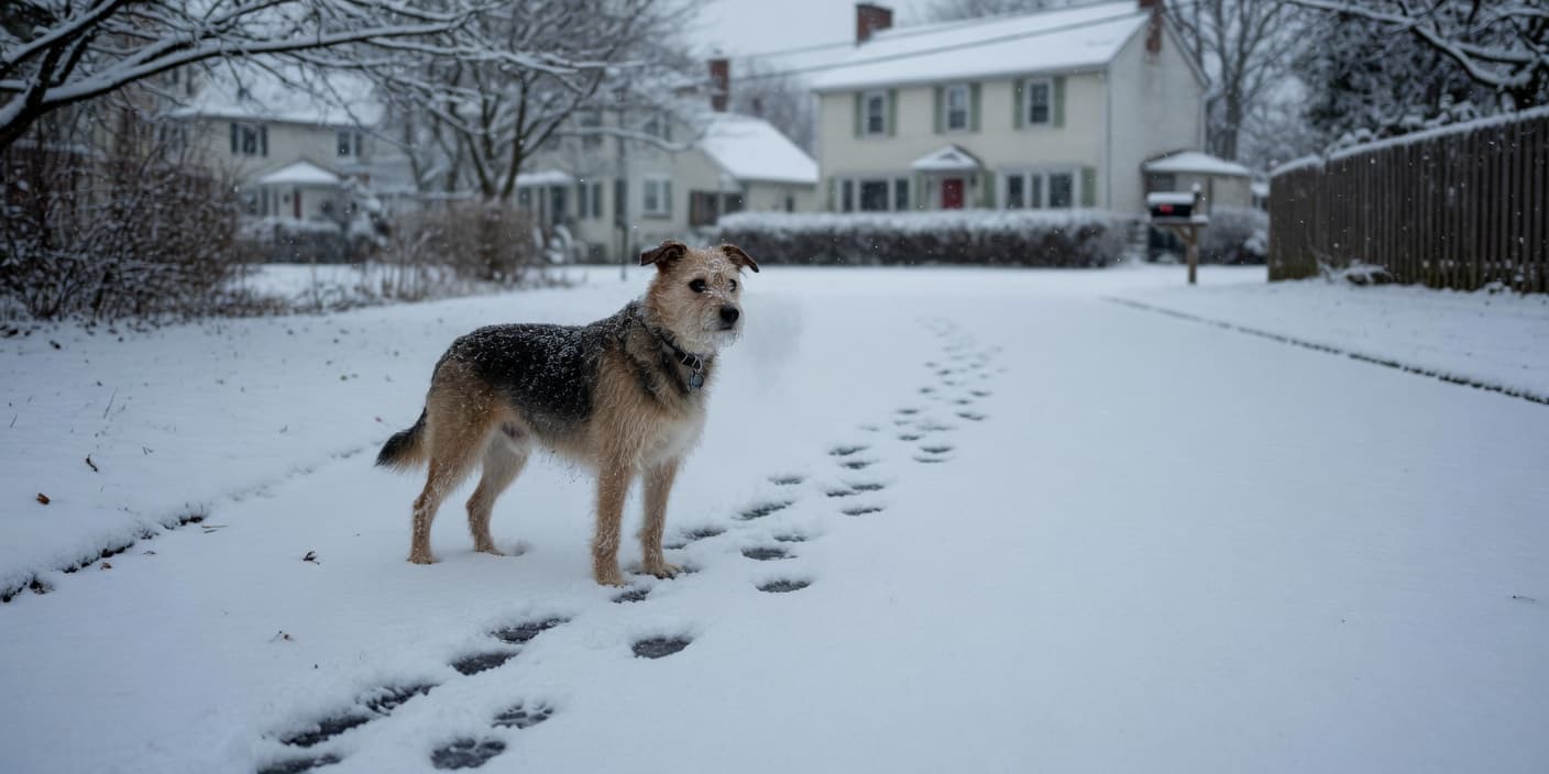 Un chien dans la neige fraîche d'un quartier résidentiel, des empreintes derrière lui – les traces aident en hiver
