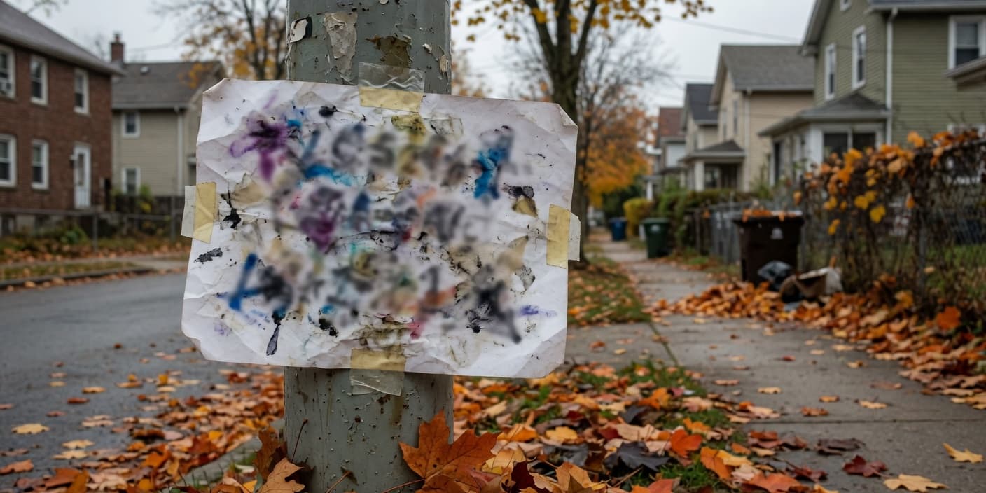 A weathered lost-pet flyer taped to a lamppost in autumn — giving up is almost always too early