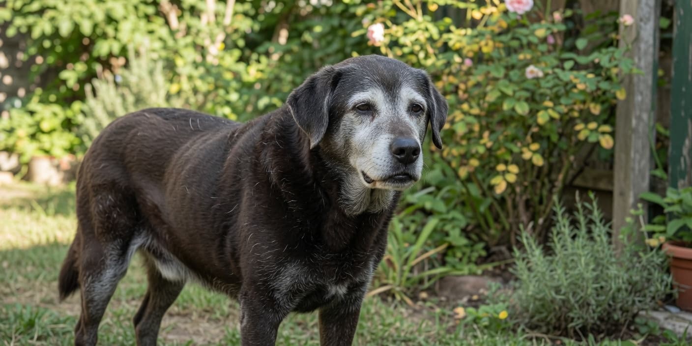 A senior dog with a grey muzzle standing in a garden — old dogs get disoriented, they don't wander off to die
